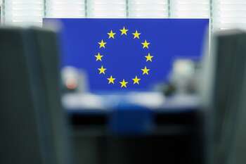 The European flag in the hemicycle of the European Parliament in Strasbourg - © European Union 2023 - Photographer: Christophe Licoppe